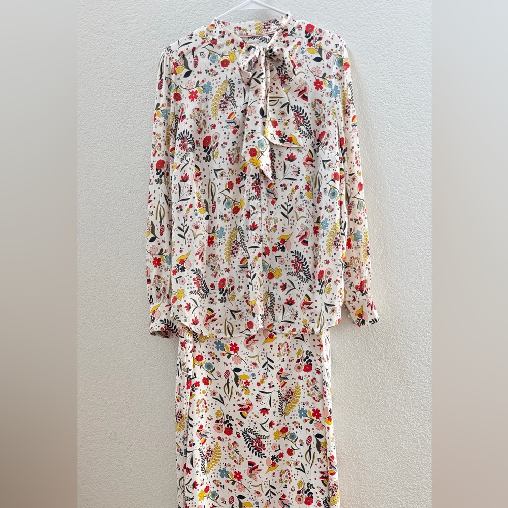 Boden Multicolor Floral/Bird Long Sleeve Blouse & Midi Skirt Set Size 12 - Picture 2 of 16